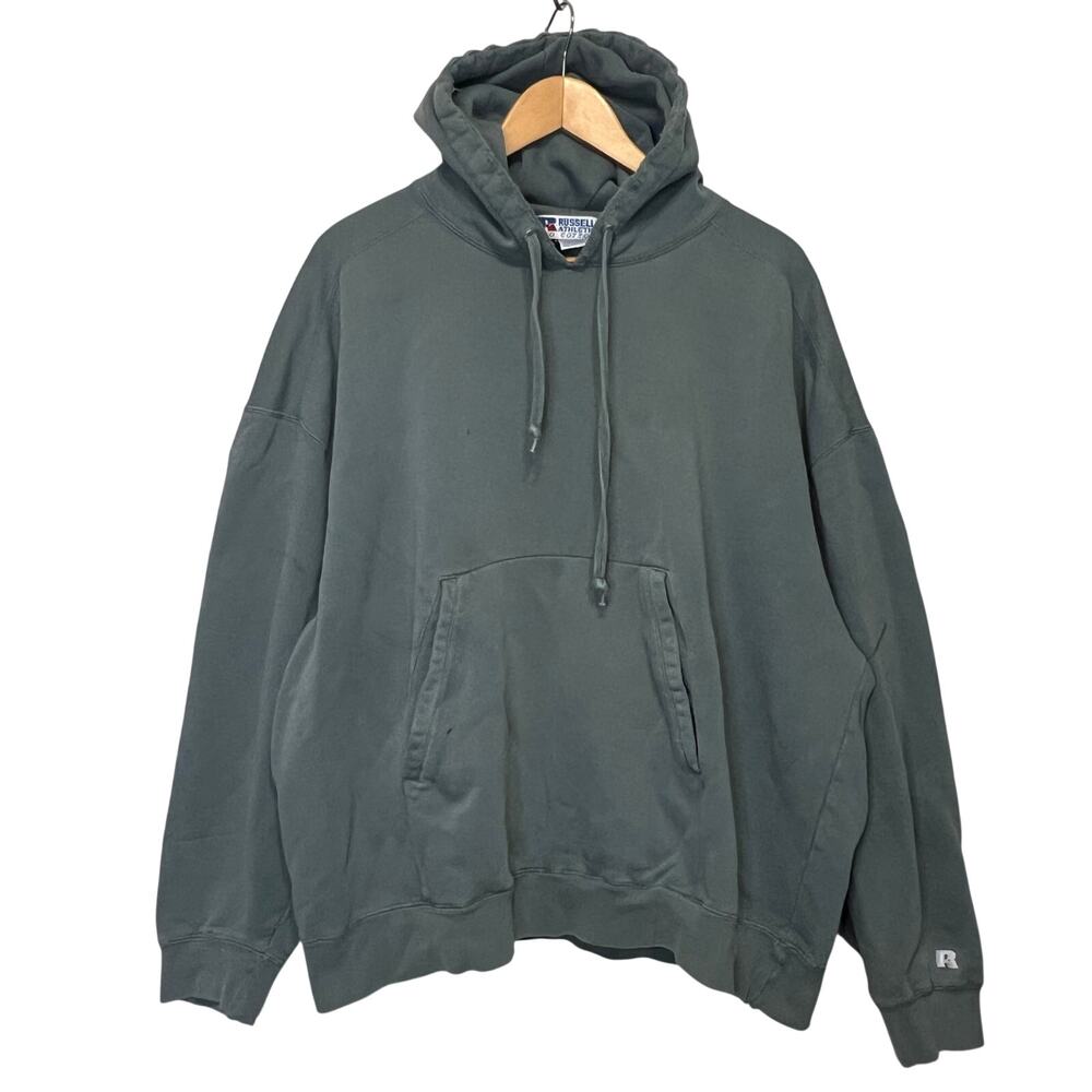 Vintage Y2K Russell Thrashed Green Hoodie Sweatshirt Cotton Faded Size XXL